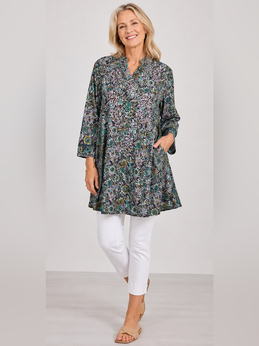 Soft Surroundings L Purple Turquoise Floral Embroidered V Neck Popover Tunic